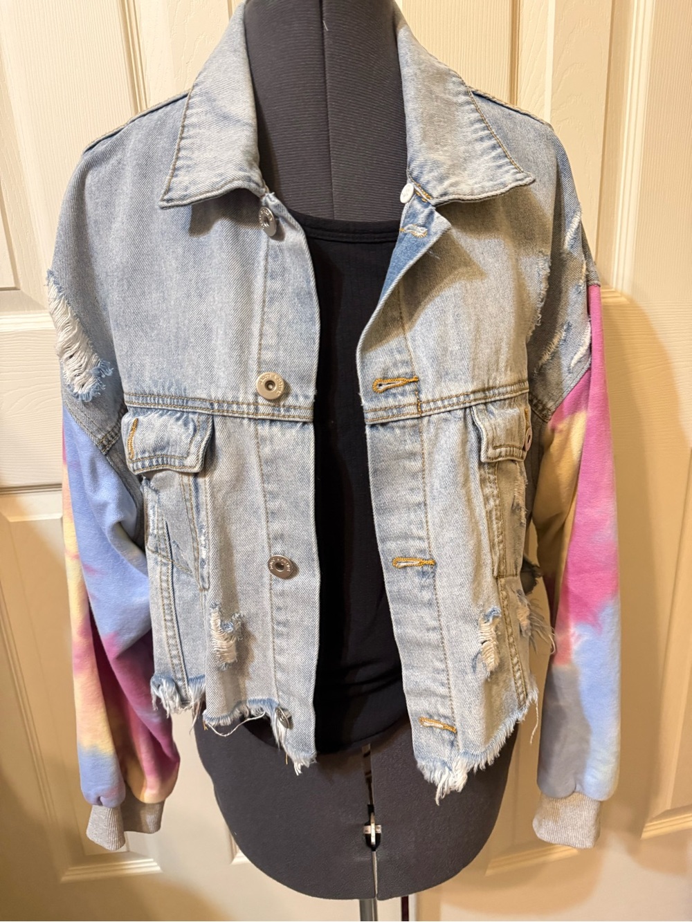 Dance & Marvel Light Wash Denim Jacket with Pastel Tie-Dye Sleeves